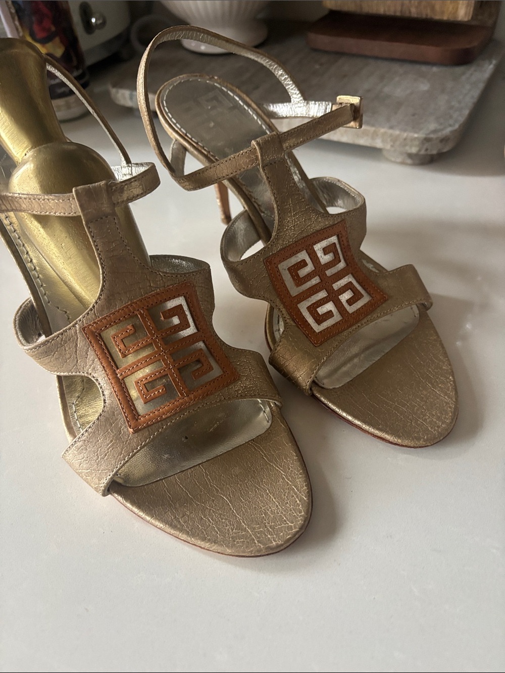 ❤️… Givenchy Metallic Gold Strappy Heels with Brown Logo Accent $988